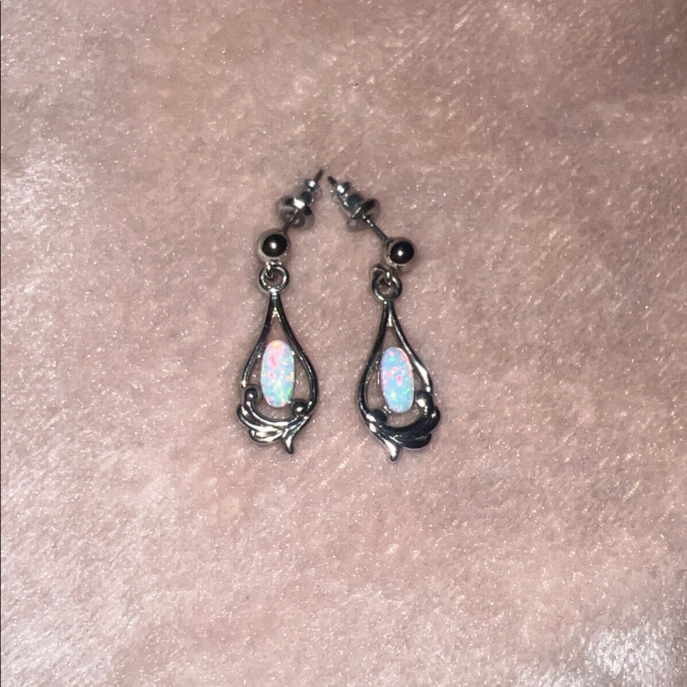 Elegant Silver Opal Drop Earrings - Picture 2 of 3